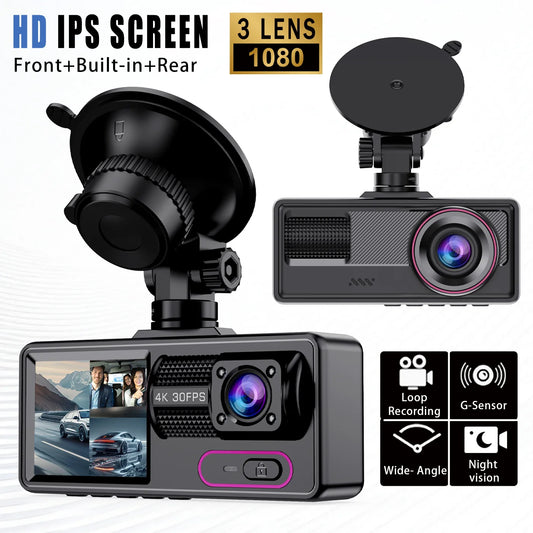 Dash Cam, 3 Channel Dash Cam,1080P car Cam Front And inside And Rear, Tripie CarDash Camera, Car Camera With 32GB Card,Night Vis